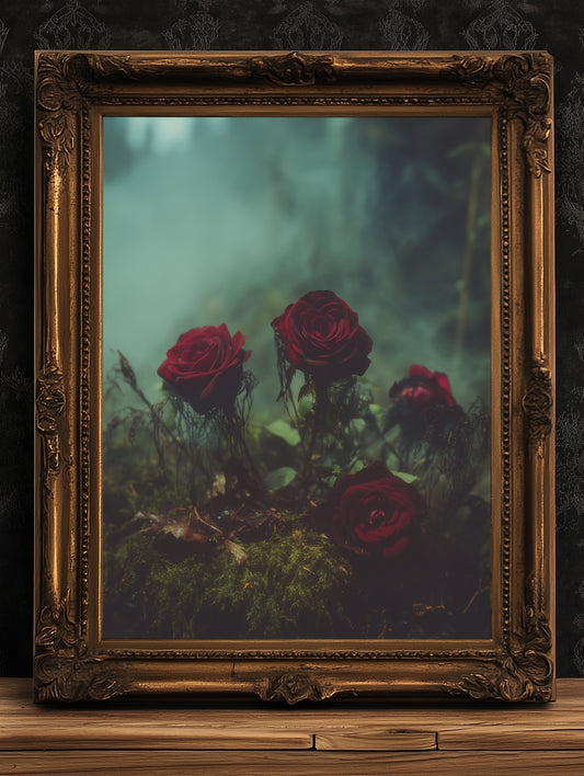 Dark Red Rose Garden Wall Art Print, Gothic Soft Academia Floral Botanical Poster, Dark Cottagecore Home Interiors, Whimsigoth Decor