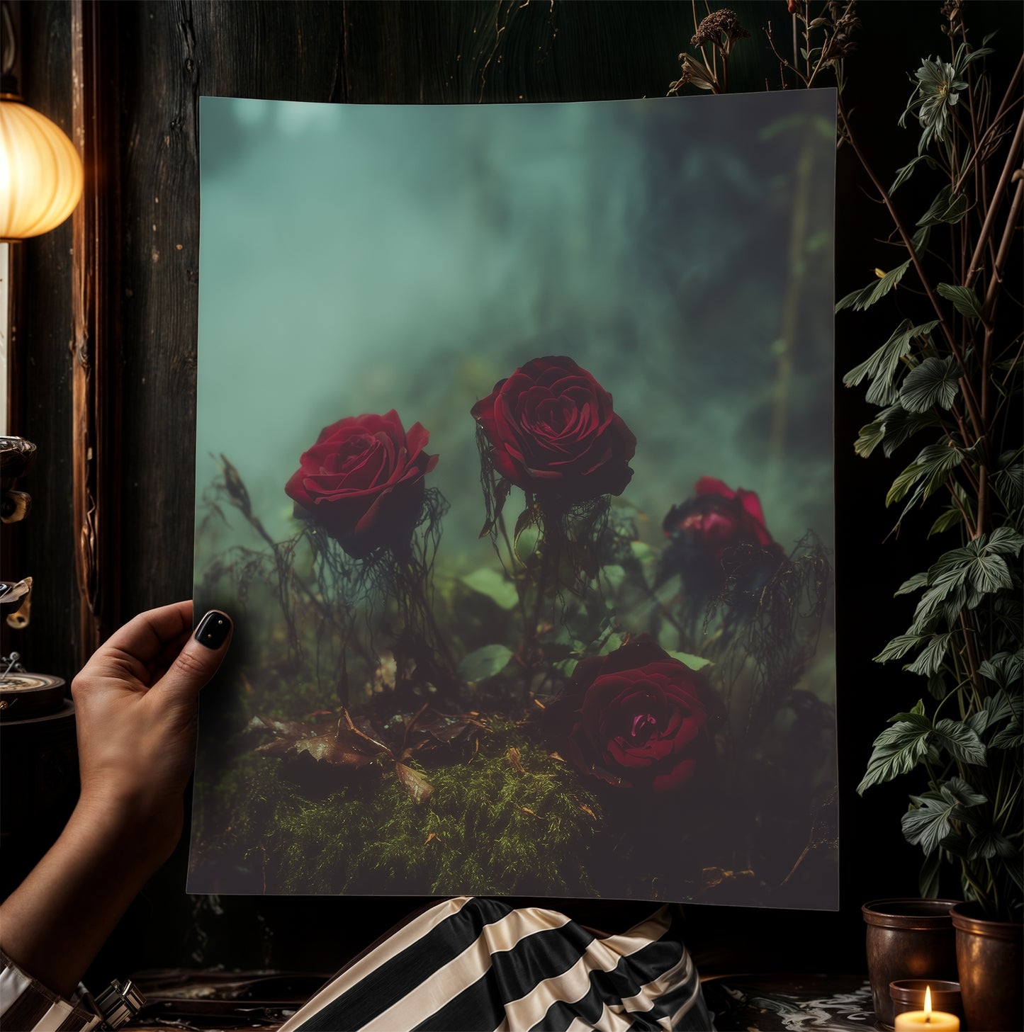 Dark Red Rose Garden Wall Art Print, Gothic Soft Academia Floral Botanical Poster, Dark Cottagecore Home Interiors, Whimsigoth Decor