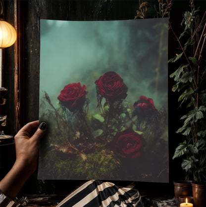 Dark Red Rose Garden Wall Art Print, Gothic Soft Academia Floral Botanical Poster, Dark Cottagecore Home Interiors, Whimsigoth Decor