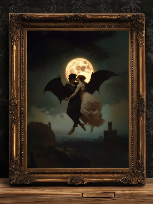 Demonic Love Painting, Demon and Woman Dancing in Moonlight, Dark Academia, Vintage Occult Art Print, Dark Fantasy Home Decor Poster