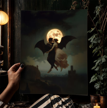 Demonic Love Painting, Demon and Woman Dancing in Moonlight, Dark Academia, Vintage Occult Art Print, Dark Fantasy Home Decor Poster