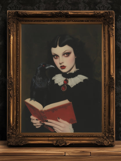 Raven Queen Art Print, Dark Academia Cottagecore Gothic Poster, Witchy Vintage Whimsigoth Decor, Dark Romance Fantasy Wall Hanging