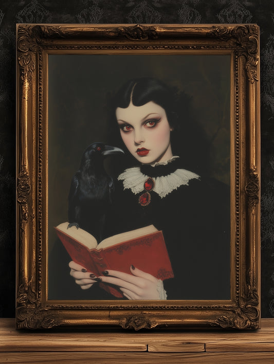Raven Queen Art Print, Dark Academia Cottagecore Gothic Poster, Witchy Vintage Whimsigoth Decor, Dark Romance Fantasy Wall Hanging