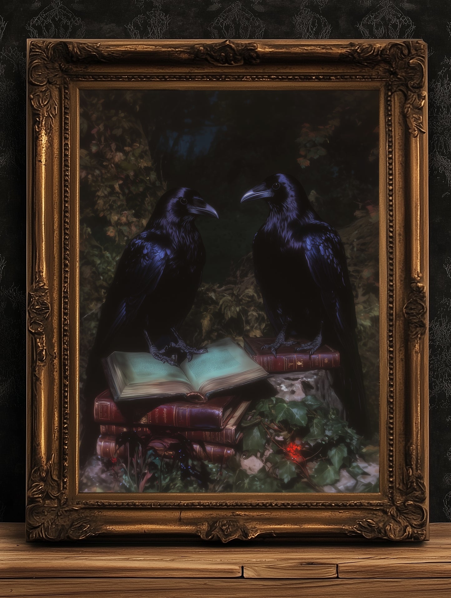 Gothic Raven Couple & Books Art Print, Dark Academia Forest Wall Art, Whimsigoth Decor, Dark Cottagecore Decor, Spooky Wall Art Painting