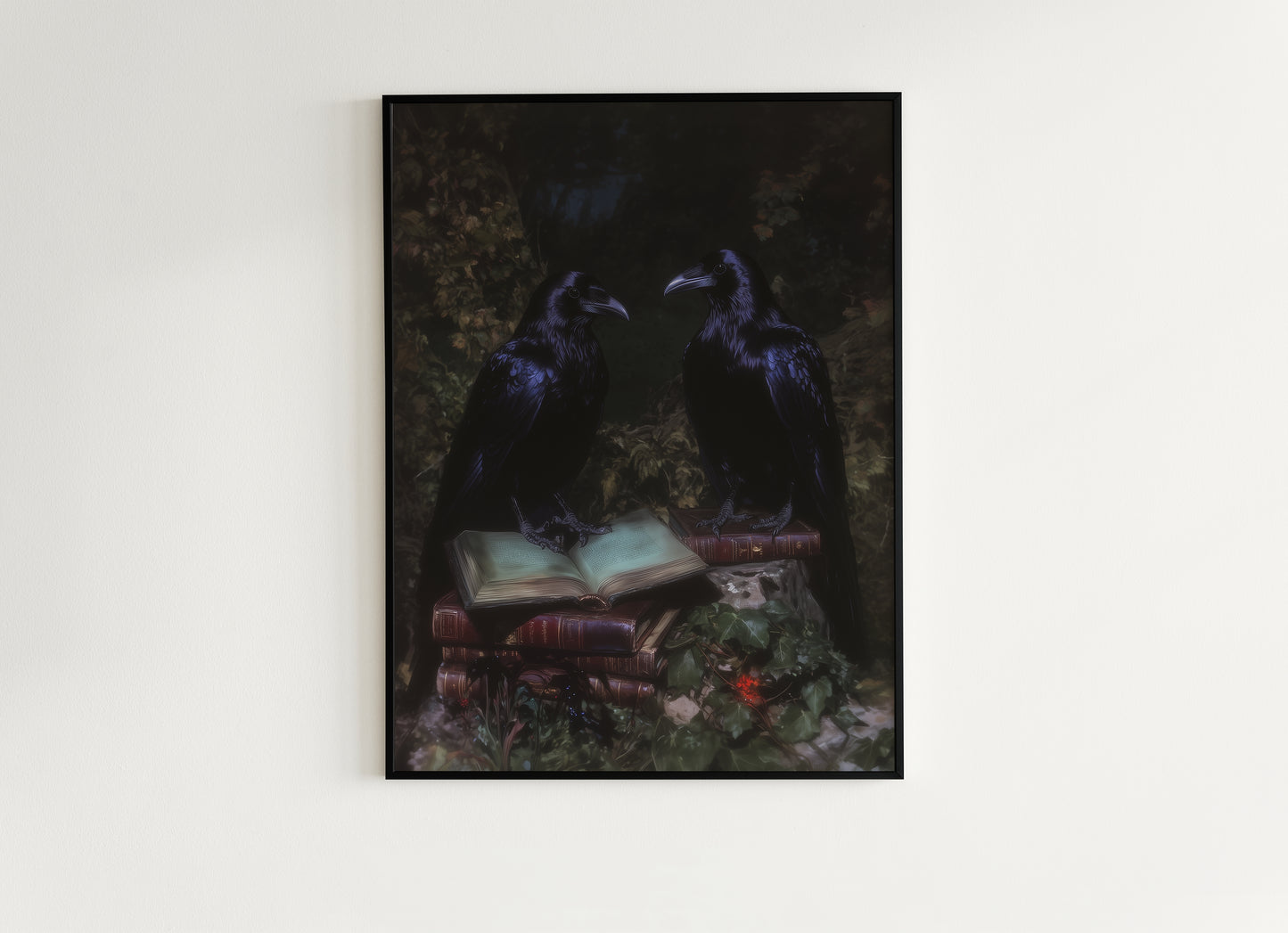 Gothic Raven Couple & Books Art Print, Dark Academia Forest Wall Art, Whimsigoth Decor, Dark Cottagecore Decor, Spooky Wall Art Painting