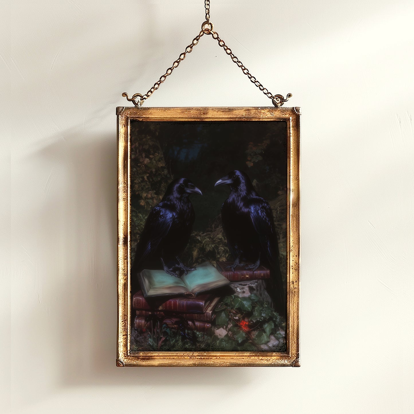Gothic Raven Couple & Books Art Print, Dark Academia Forest Wall Art, Whimsigoth Decor, Dark Cottagecore Decor, Spooky Wall Art Painting
