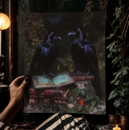 Gothic Raven Couple & Books Art Print, Dark Academia Forest Wall Art, Whimsigoth Decor, Dark Cottagecore Decor, Spooky Wall Art Painting