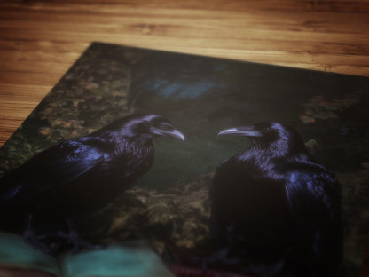 Gothic Raven Couple & Books Art Print, Dark Academia Forest Wall Art, Whimsigoth Decor, Dark Cottagecore Decor, Spooky Wall Art Painting