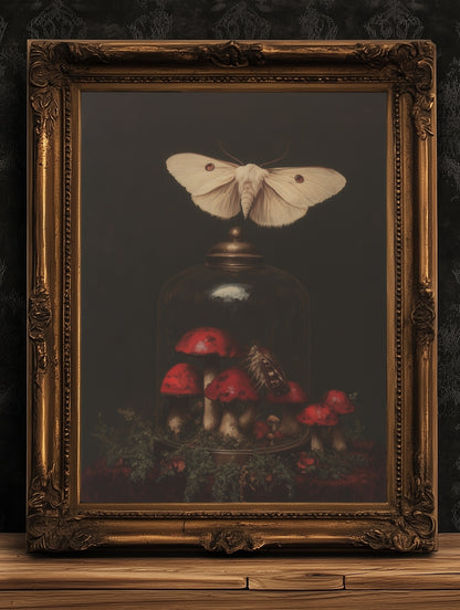 Moody Moth And Curiosity Glass Dome, Mushroom Wall Art Print, Dark Academia Cottagecore Forest Poster, Vintage Gothic Whimsigoth Decor