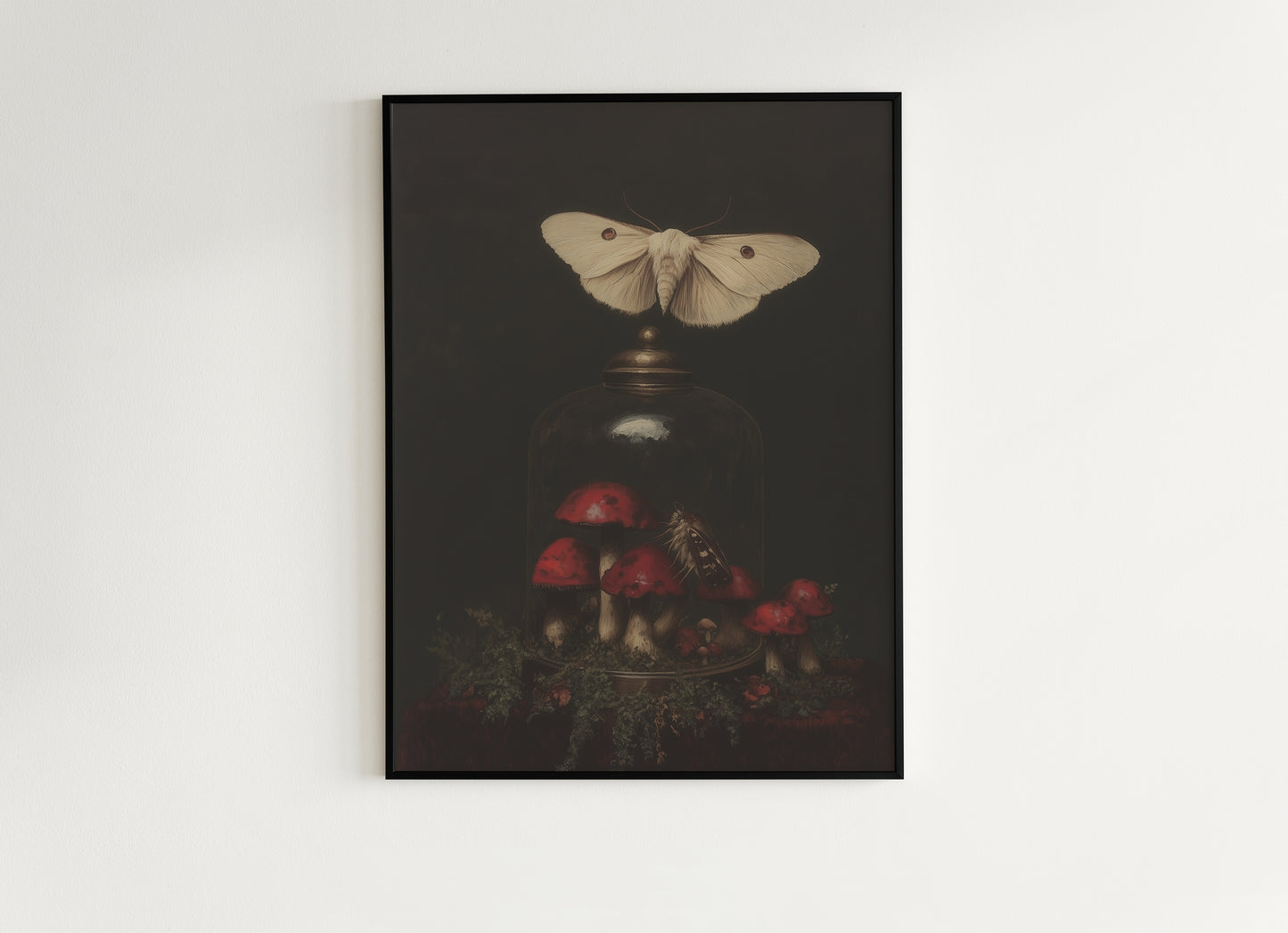 Moody Moth And Curiosity Glass Dome, Mushroom Wall Art Print, Dark Academia Cottagecore Forest Poster, Vintage Gothic Whimsigoth Decor