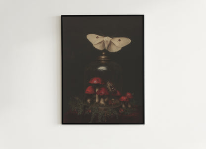 Moody Moth And Curiosity Glass Dome, Mushroom Wall Art Print, Dark Academia Cottagecore Forest Poster, Vintage Gothic Whimsigoth Decor