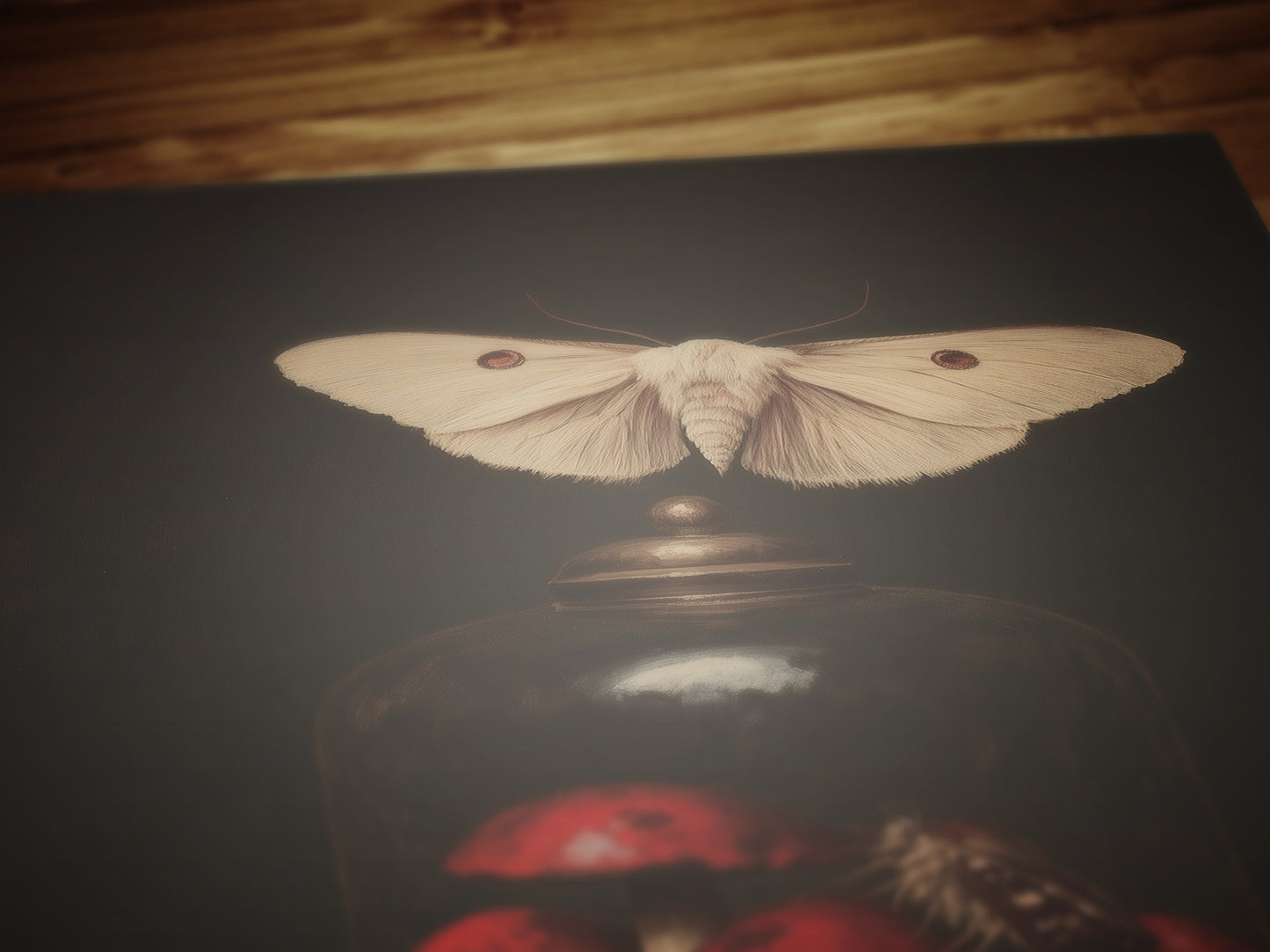 Moody Moth And Curiosity Glass Dome, Mushroom Wall Art Print, Dark Academia Cottagecore Forest Poster, Vintage Gothic Whimsigoth Decor