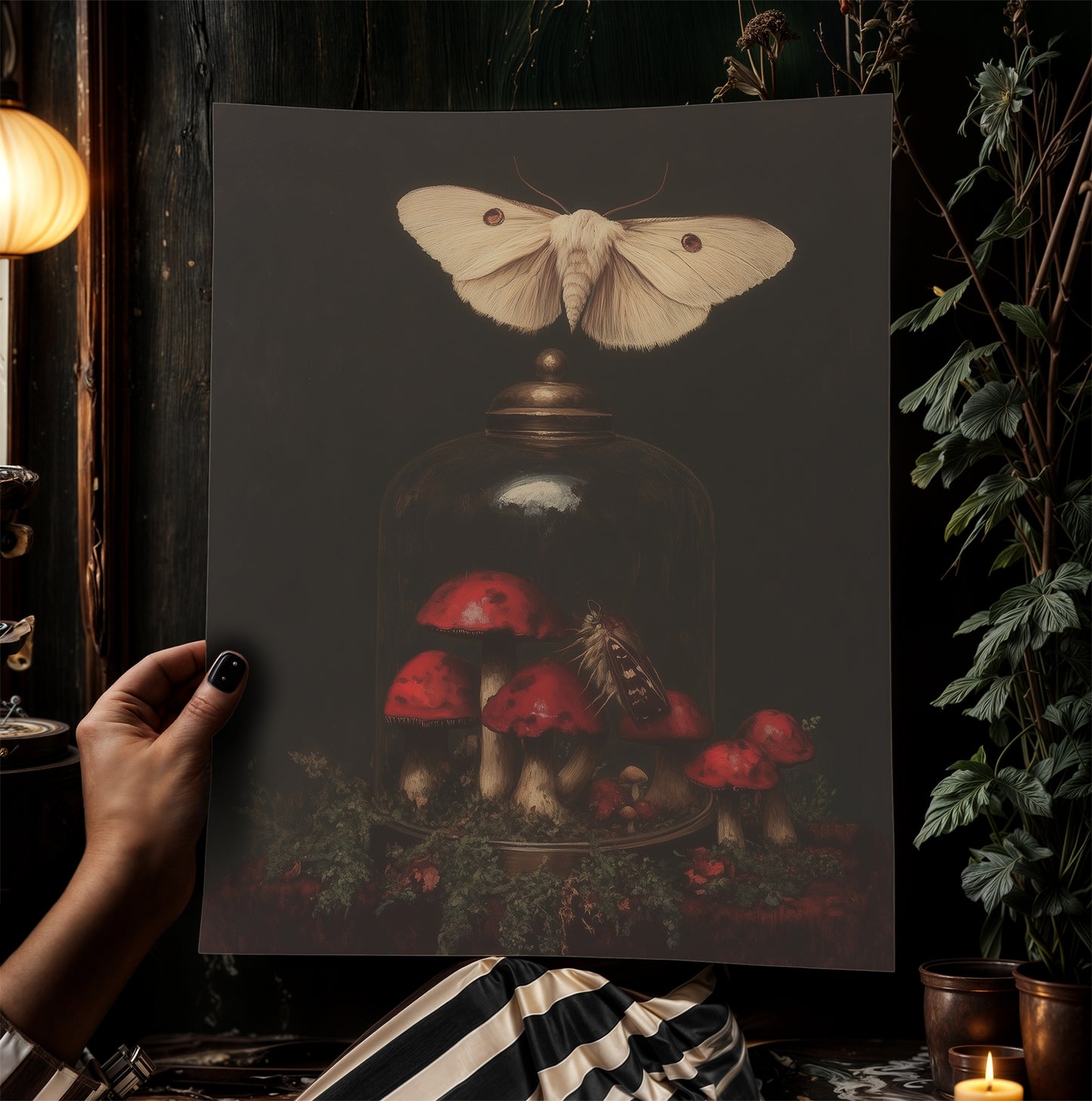 Moody Moth And Curiosity Glass Dome, Mushroom Wall Art Print, Dark Academia Cottagecore Forest Poster, Vintage Gothic Whimsigoth Decor