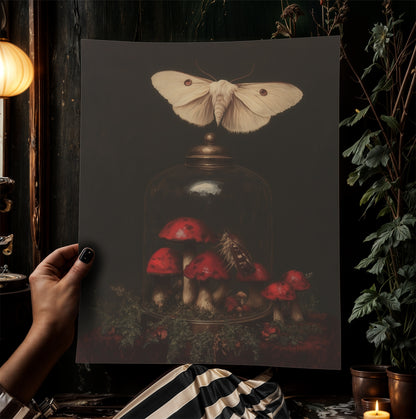Moody Moth And Curiosity Glass Dome, Mushroom Wall Art Print, Dark Academia Cottagecore Forest Poster, Vintage Gothic Whimsigoth Decor