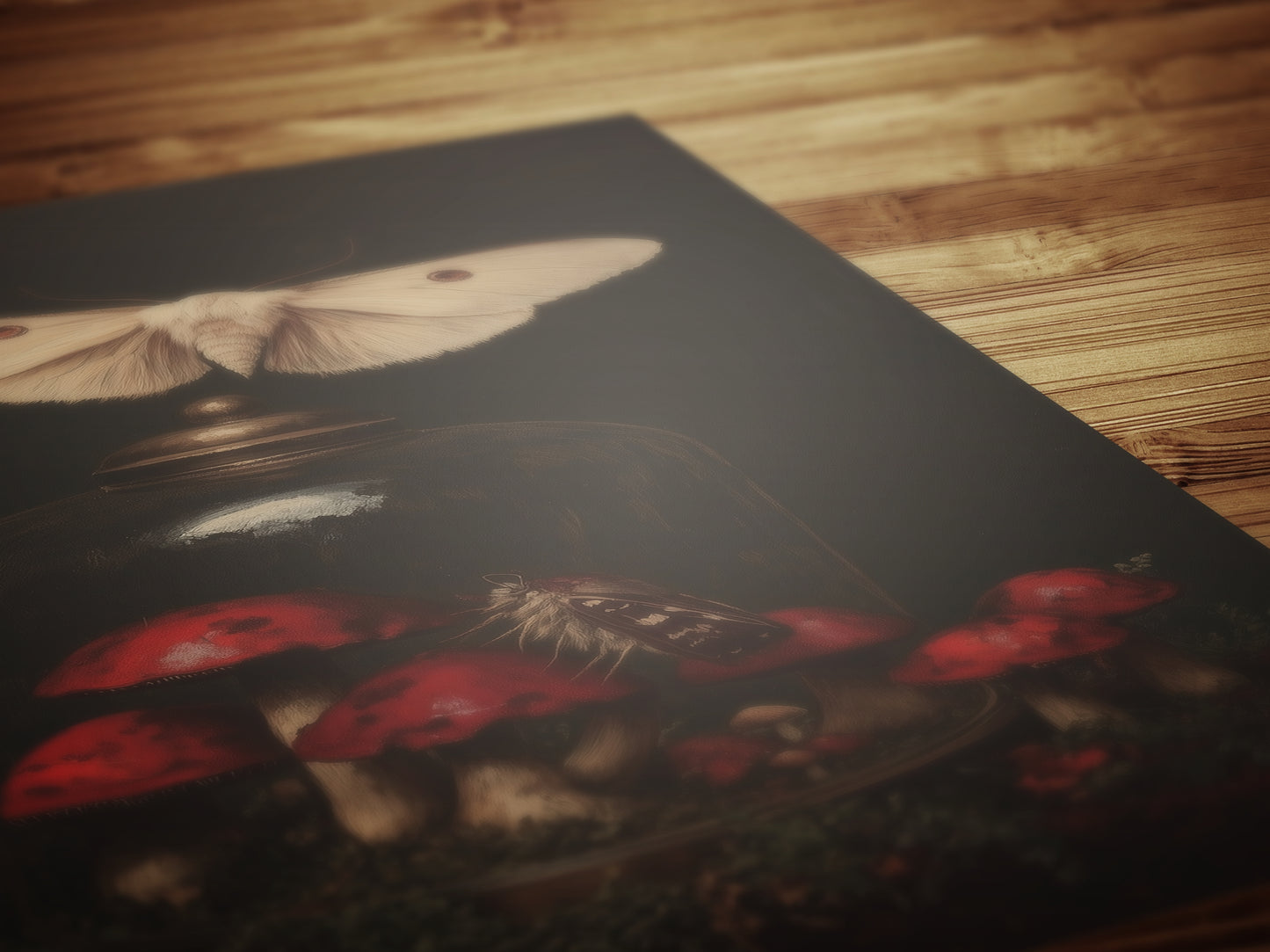Moody Moth And Curiosity Glass Dome, Mushroom Wall Art Print, Dark Academia Cottagecore Forest Poster, Vintage Gothic Whimsigoth Decor