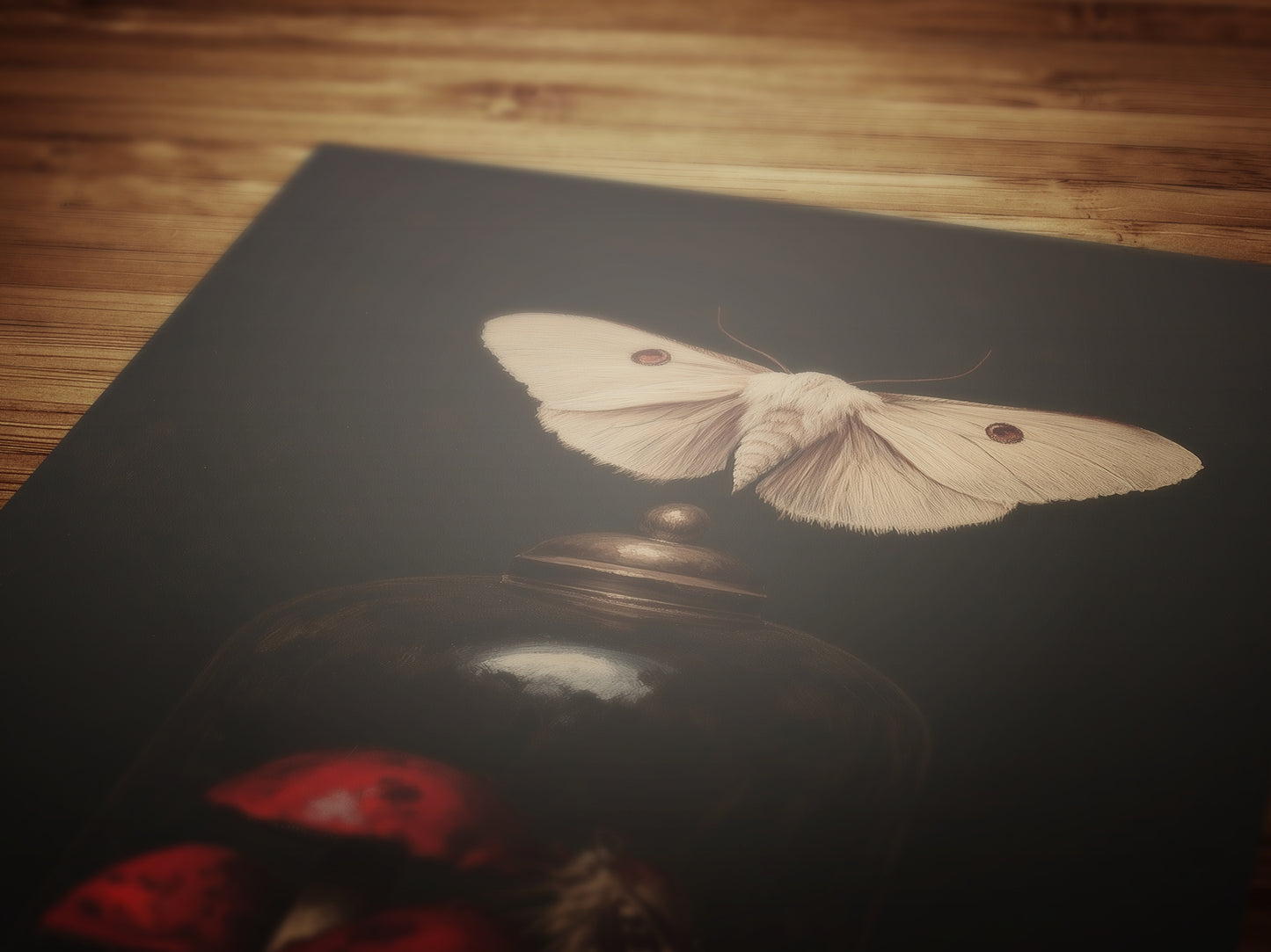 Moody Moth And Curiosity Glass Dome, Mushroom Wall Art Print, Dark Academia Cottagecore Forest Poster, Vintage Gothic Whimsigoth Decor