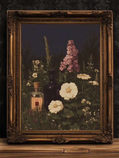 Apothecary Garden Wall Art Print, Vintage Painting Witchy Florals and Potion Bottles, Gothic Dark Academia And Cottagecore Decor