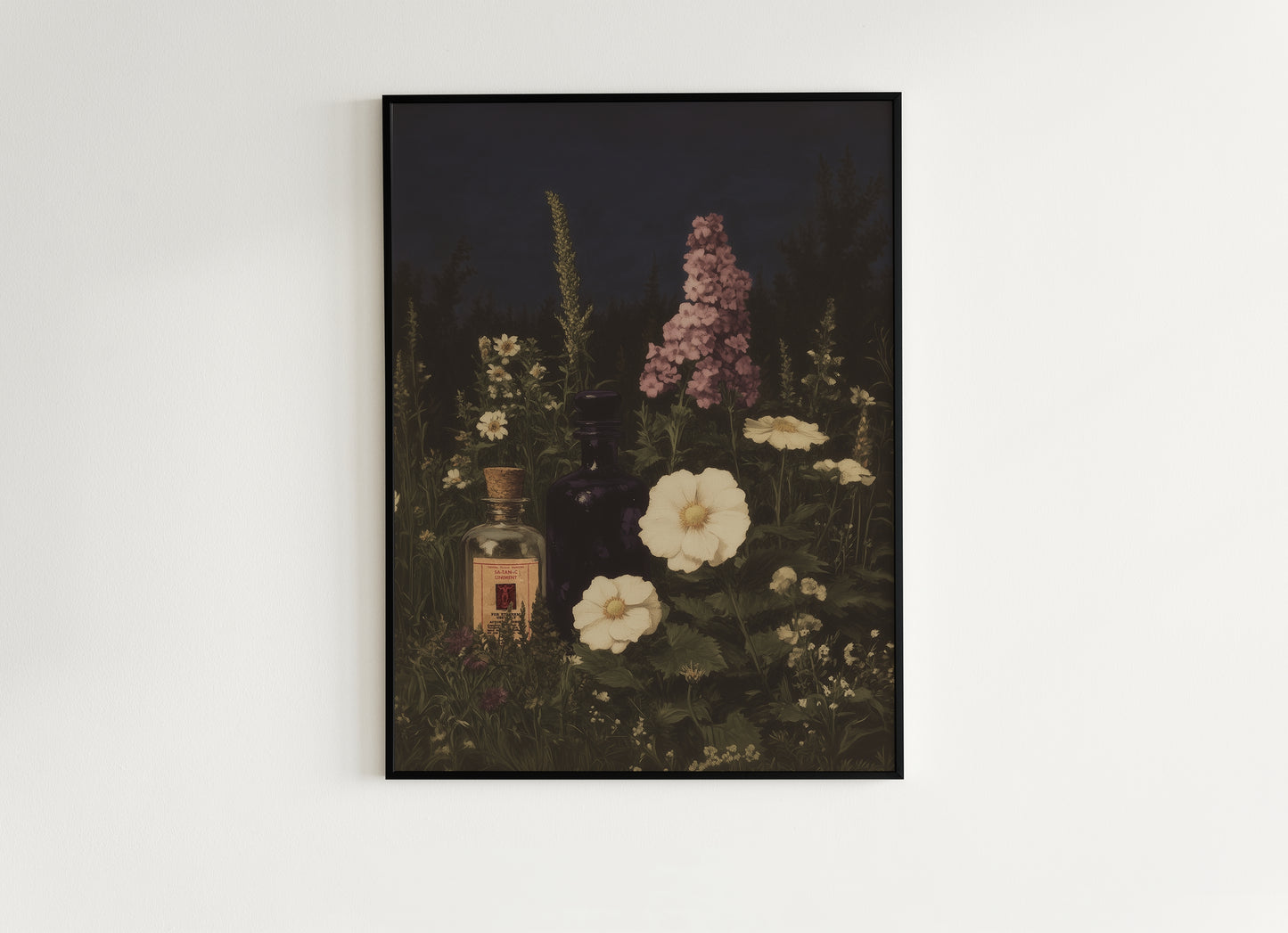 Apothecary Garden Wall Art Print, Vintage Painting Witchy Florals and Potion Bottles, Gothic Dark Academia And Cottagecore Decor