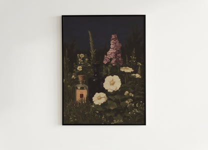 Apothecary Garden Wall Art Print, Vintage Painting Witchy Florals and Potion Bottles, Gothic Dark Academia And Cottagecore Decor