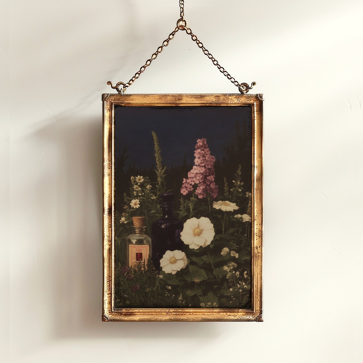 Apothecary Garden Wall Art Print, Vintage Painting Witchy Florals and Potion Bottles, Gothic Dark Academia And Cottagecore Decor