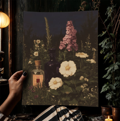 Apothecary Garden Wall Art Print, Vintage Painting Witchy Florals and Potion Bottles, Gothic Dark Academia And Cottagecore Decor