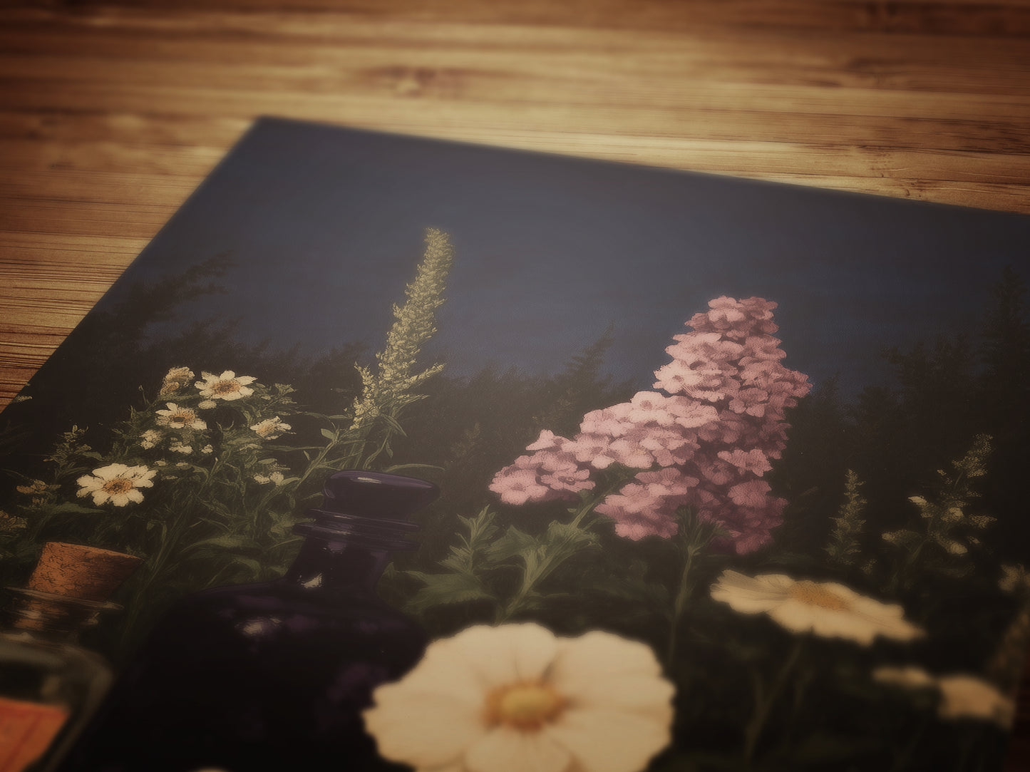 Apothecary Garden Wall Art Print, Vintage Painting Witchy Florals and Potion Bottles, Gothic Dark Academia And Cottagecore Decor