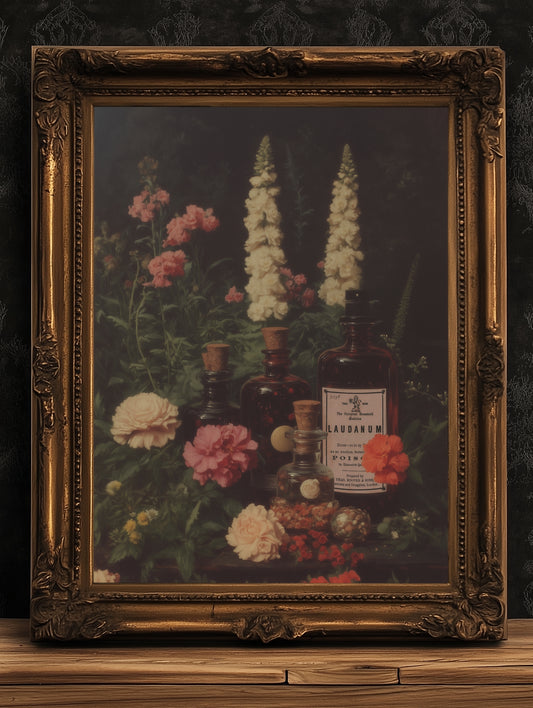 Laudanum Apothecary Jar Wall Art Print, Dark Academia Poster, Vintage Floral Painting, Witchy Gifts, Gothic Cottagecore Decor