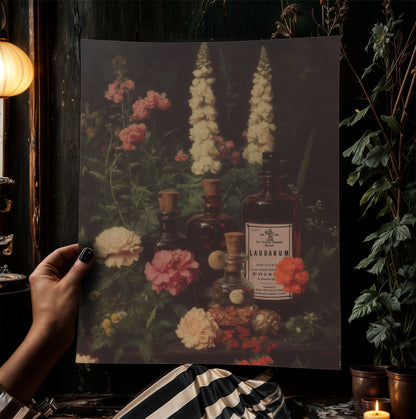 Laudanum Apothecary Jar Wall Art Print, Dark Academia Poster, Vintage Floral Painting, Witchy Gifts, Gothic Cottagecore Decor