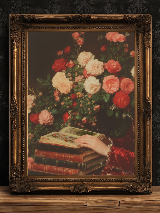 Roses And Books, Dark Academia Decor, Victorian Gothic Bookish Print, Book Lover Gift, Vintage Library Art, Reading Nook Poster