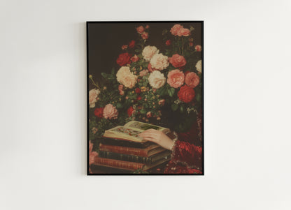 Roses And Books, Dark Academia Decor, Victorian Gothic Bookish Print, Book Lover Gift, Vintage Library Art, Reading Nook Poster
