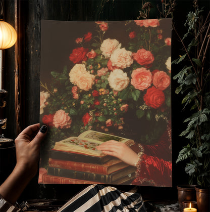 Roses And Books, Dark Academia Decor, Victorian Gothic Bookish Print, Book Lover Gift, Vintage Library Art, Reading Nook Poster