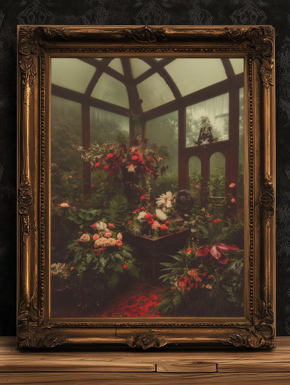Victorian Greenhouse Art, Dark Botanical Print, Gothic Garden Floral Decor, Moody Cottagecore Wall Art, Vintage Plant Room Still Life Poster