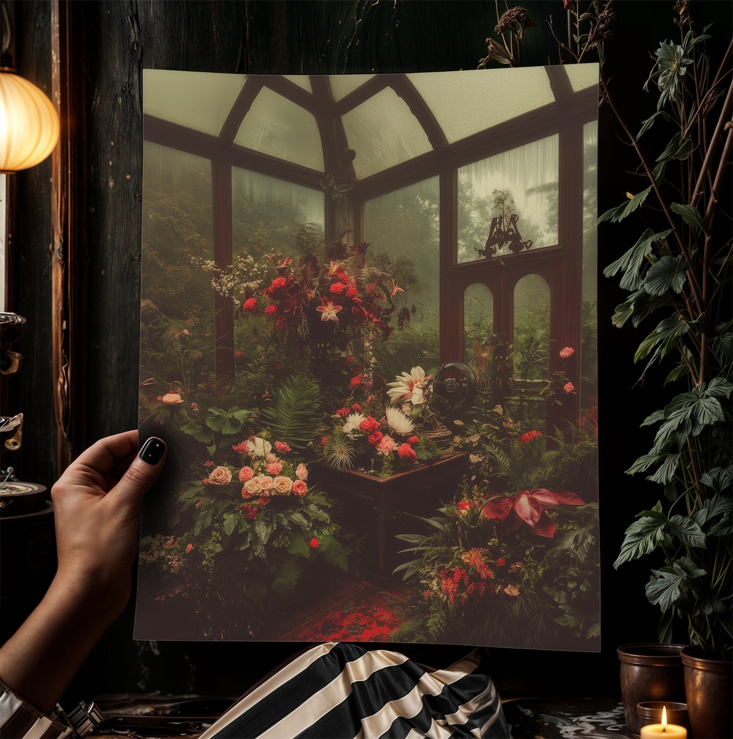 Victorian Greenhouse Art, Dark Botanical Print, Gothic Garden Floral Decor, Moody Cottagecore Wall Art, Vintage Plant Room Still Life Poster