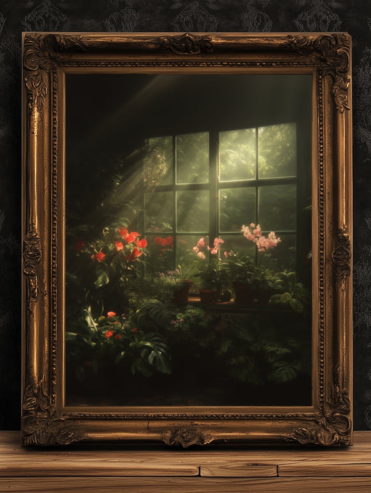 Victorian Greenhouse Art, Dark Botanical Print, Gothic Garden Wall Decor, Moody Cottagecore Poster, Dark Floral Orchid Still Life Print