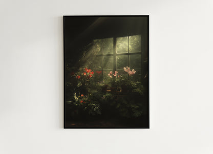Victorian Greenhouse Art, Dark Botanical Print, Gothic Garden Wall Decor, Moody Cottagecore Poster, Dark Floral Orchid Still Life Print
