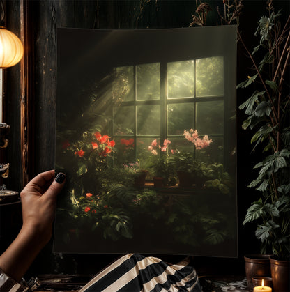 Victorian Greenhouse Art, Dark Botanical Print, Gothic Garden Wall Decor, Moody Cottagecore Poster, Dark Floral Orchid Still Life Print