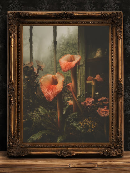 Moody Cobra Lilies Greenhouse Art Print, Dark Botanical Poster, Gothic Garden Floral Decor, Moody Cottagecore Wall Art, Vintage Plant Room