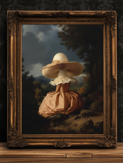 Surreal Mushroom Lady in Vintage Landscape, Mushroom Woman, Vintage Poster, Art Poster Print, Dark Academia, Gothic, Cottagecore, Witch Art.