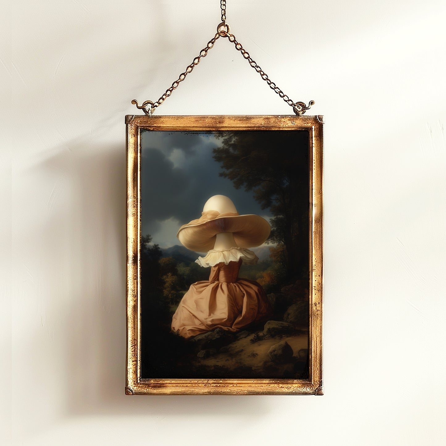 Surreal Mushroom Lady in Vintage Landscape, Mushroom Woman, Vintage Poster, Art Poster Print, Dark Academia, Gothic, Cottagecore, Witch Art.