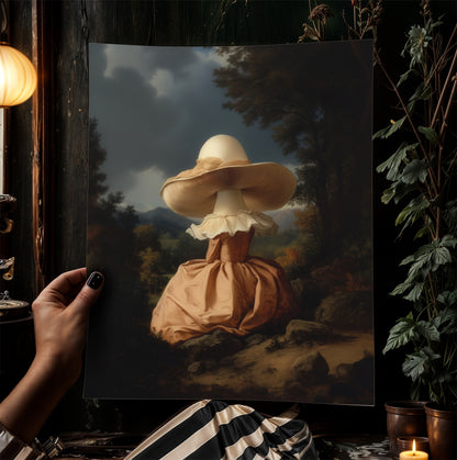 Surreal Mushroom Lady in Vintage Landscape, Mushroom Woman, Vintage Poster, Art Poster Print, Dark Academia, Gothic, Cottagecore, Witch Art.