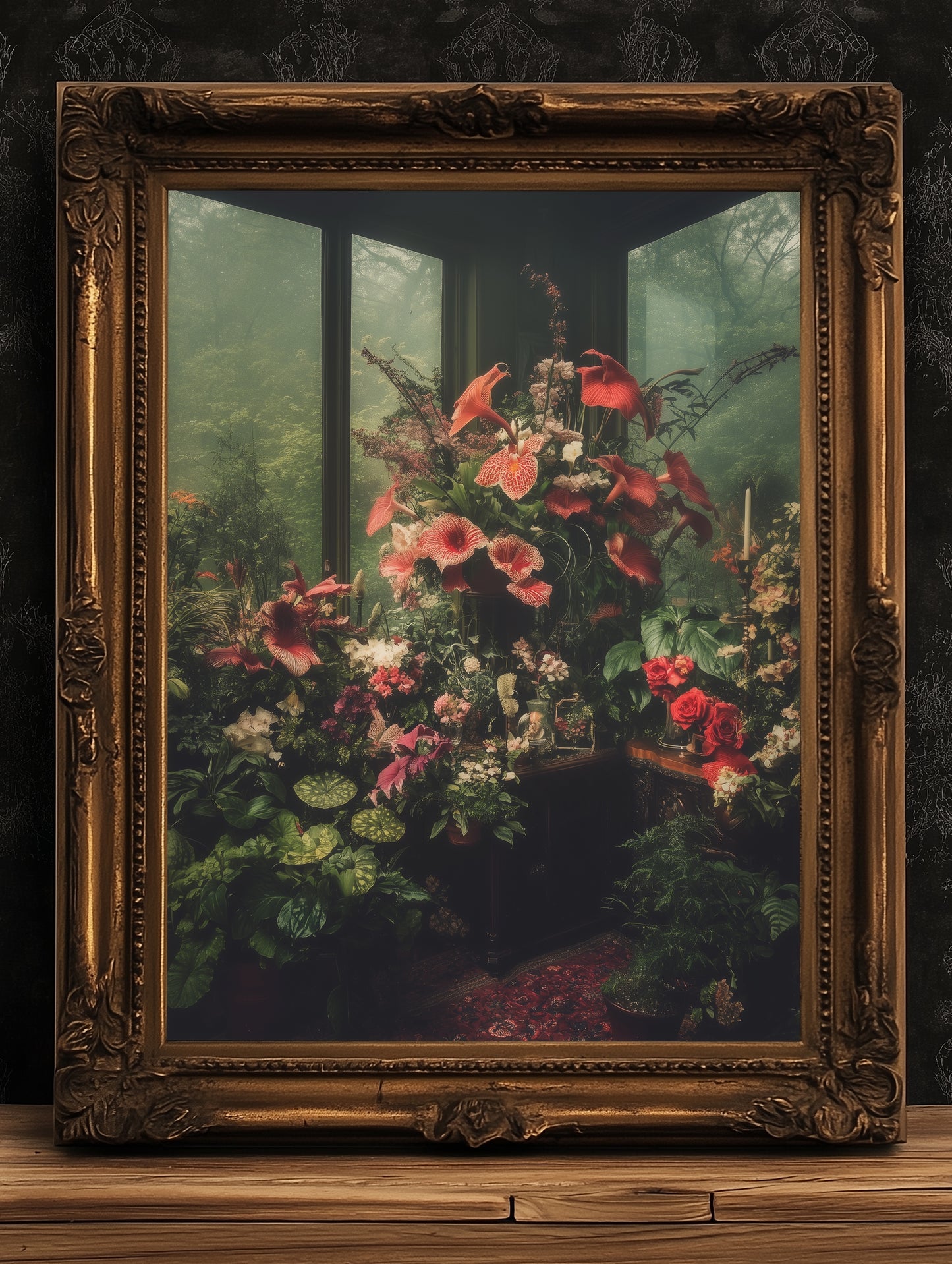 Victorian Greenhouse Art, Dark Botanical Print, Gothic Garden Floral Decor, Moody Cottagecore Wall Art, Vintage Plant Room Still Life Poster