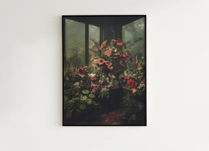 Victorian Greenhouse Art, Dark Botanical Print, Gothic Garden Floral Decor, Moody Cottagecore Wall Art, Vintage Plant Room Still Life Poster