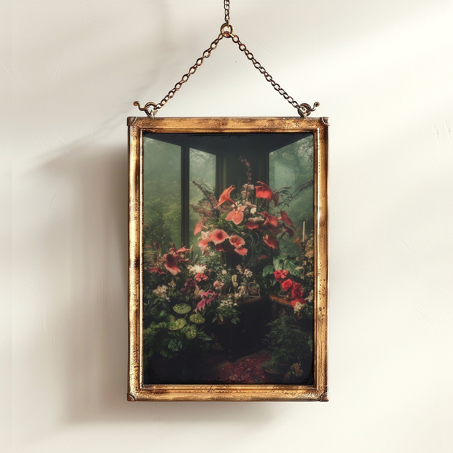 Victorian Greenhouse Art, Dark Botanical Print, Gothic Garden Floral Decor, Moody Cottagecore Wall Art, Vintage Plant Room Still Life Poster