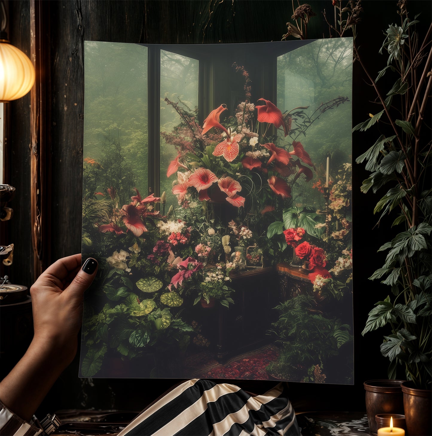 Victorian Greenhouse Art, Dark Botanical Print, Gothic Garden Floral Decor, Moody Cottagecore Wall Art, Vintage Plant Room Still Life Poster