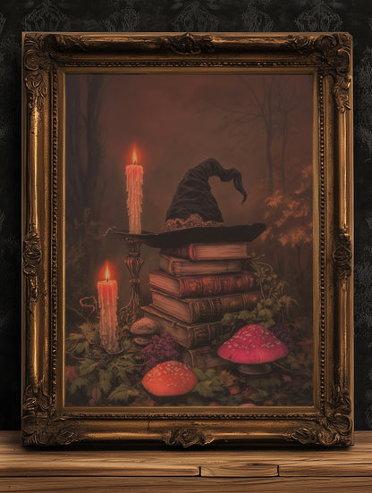 Witch Hat Halloween Wall Art Print, Dark Academia Autumn Decor with Candles and Books Poster, Cottagecore Spooky Whimsigoth Painting