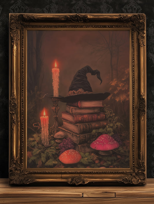Witch Hat Halloween Wall Art Print, Dark Academia Autumn Decor with Candles and Books Poster, Cottagecore Spooky Whimsigoth Painting