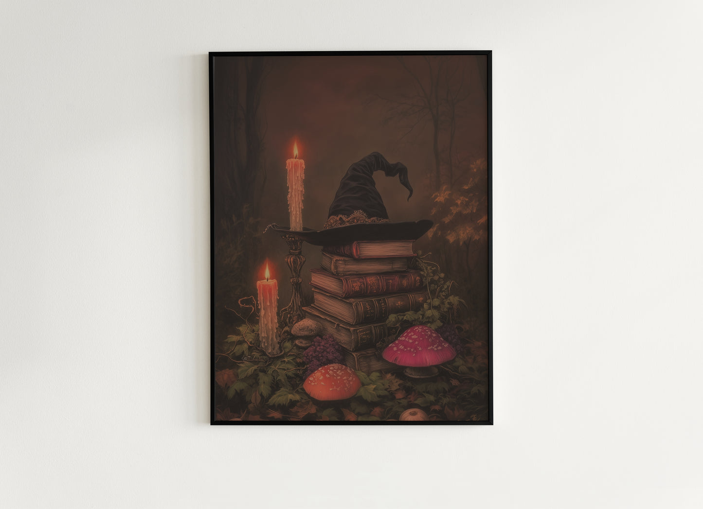 Witch Hat Halloween Wall Art Print, Dark Academia Autumn Decor with Candles and Books Poster, Cottagecore Spooky Whimsigoth Painting