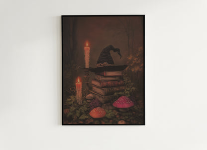 Witch Hat Halloween Wall Art Print, Dark Academia Autumn Decor with Candles and Books Poster, Cottagecore Spooky Whimsigoth Painting