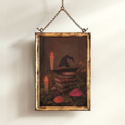 Witch Hat Halloween Wall Art Print, Dark Academia Autumn Decor with Candles and Books Poster, Cottagecore Spooky Whimsigoth Painting