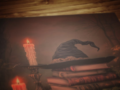 Witch Hat Halloween Wall Art Print, Dark Academia Autumn Decor with Candles and Books Poster, Cottagecore Spooky Whimsigoth Painting